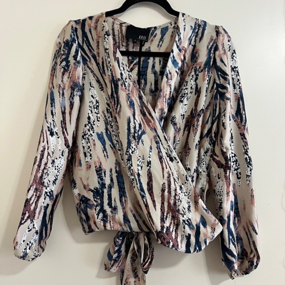 Kaii Womens Wrap Blouse Small Abstract Print Surplice‎ Tie Waist Romantic Artsy